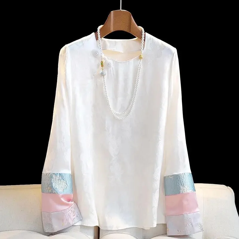 Chinese Style Vintage White Satin Blouses Women Spirng Summer O Neck Long Sleeve Soft Shirt Casual Elegant Jacquard Tops
Chinese Style Vintage White Satin Blouses Women Spirng Summer O Neck Long Sleeve Soft Shirt Casual Elegant Jacquard Tops