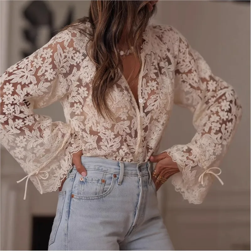 Summer Fashion Lace Shirts Blouses Long Sleeve Lantern Sleeve Hollow Out Sexy Tops See Through Casual Shirt 2026 Blusas Mujer
Summer Fashion Lace Shirts Blouses Long Sleeve Lantern Sleeve Hollow Out Sexy Tops See Through Casual Shirt 2026 Blusas Mujer