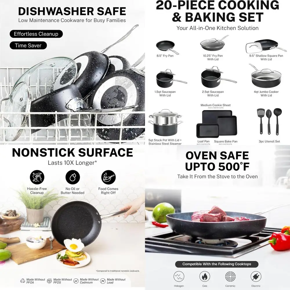 20-Piece Non-Stick Cookware Set with Pans, Pots, Steamer, and Utensils - PFOA/PFOS Free, Oven & Dishwasher Safe
20-Piece Non-Stick Cookware Set with Pans, Pots, Steamer, and Utensils - PFOA/PFOS Free, Oven & Dishwasher Safe