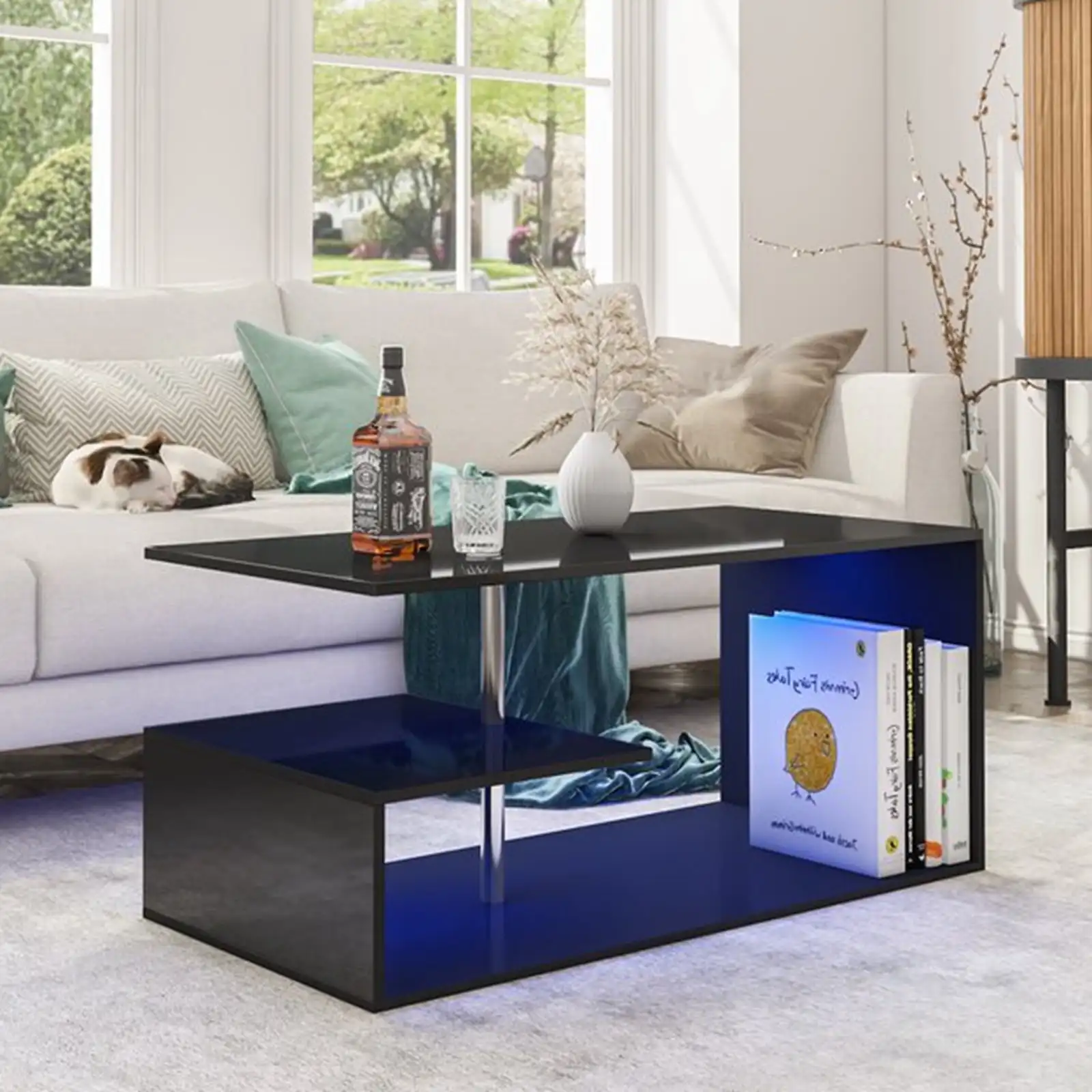 High Gloss Black Coffee Table with LED Lights Open Shelf Smart APP Control S Shaped Modern Sofa Side End Table for Living Room
High Gloss Black Coffee Table with LED Lights Open Shelf Smart APP Control S Shaped Modern Sofa Side End Table for Living Room