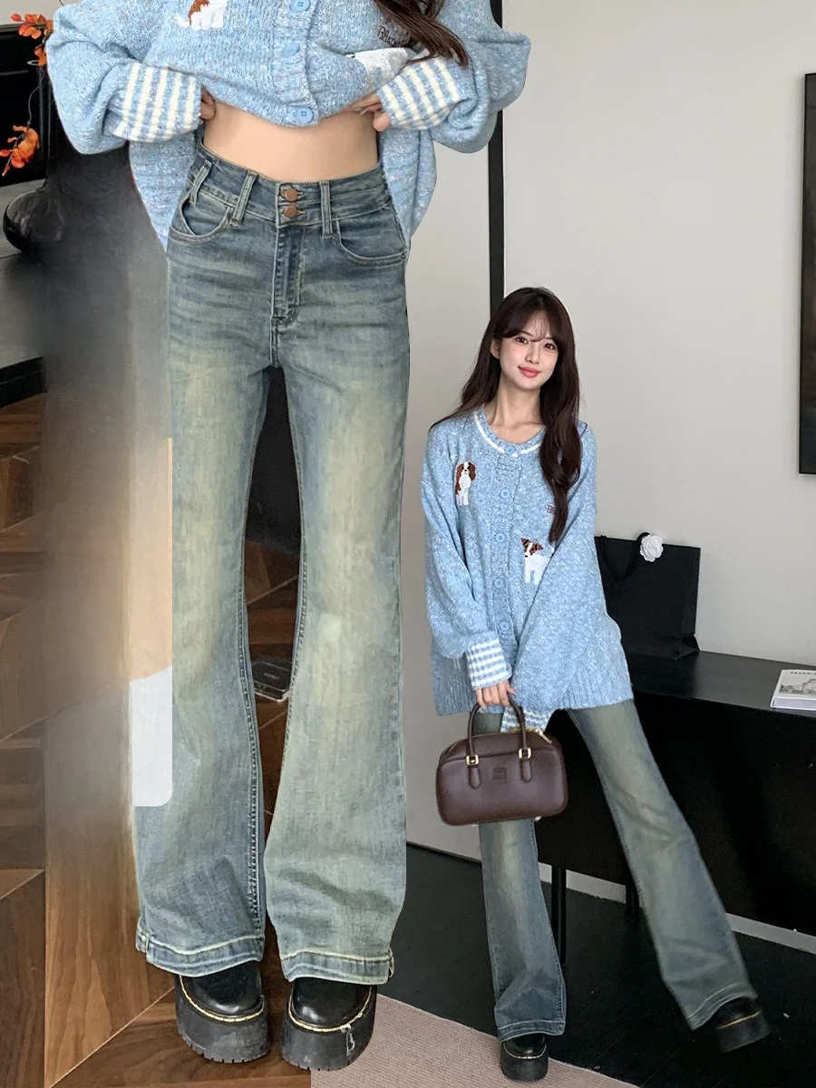 American Style High Waist Bell Bottom Jeans Women's Autumn Winter Slimming Long Pants Double Buckle Casual Fit Jeans
American Style High Waist Bell Bottom Jeans Women's Autumn Winter Slimming Long Pants Double Buckle Casual Fit Jeans