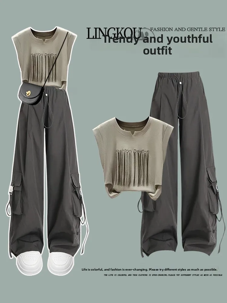 Fashionable High Waist Wide Leg Pants Set Women's round Neck T-Shirt Top Bottoms Two Piece Set Summer New Style High End Feel
Fashionable High Waist Wide Leg Pants Set Women's round Neck T-Shirt Top Bottoms Two Piece Set Summer New Style High End Feel