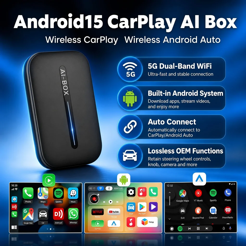 CarPlay AI Box, Android 15, Wireless CarPlay & Wireless Android Auto, Built-in Netflix & YouTube Mazda VW Ford Mercedes Toyota
CarPlay AI Box, Android 15, Wireless CarPlay & Wireless Android Auto, Built-in Netflix & YouTube Mazda VW Ford Mercedes Toyota