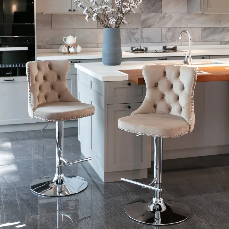 Set of 2 Khaki Modern Swivel Velvet Barstools Adjustable 25-33 Inch Tufted with Backs Chrome Base for Home Pub Kitchen
Set of 2 Khaki Modern Swivel Velvet Barstools Adjustable 25-33 Inch Tufted with Backs Chrome Base for Home Pub Kitchen