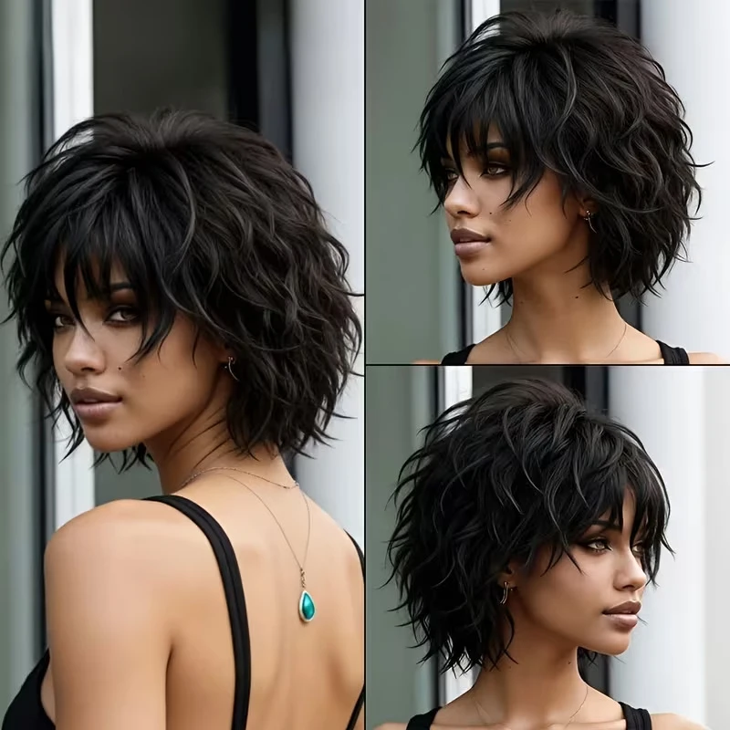 European and American style black short curly for women, high-temperature fiber messy wolf tail full head wig
European and American style black short curly for women, high-temperature fiber messy wolf tail full head wig