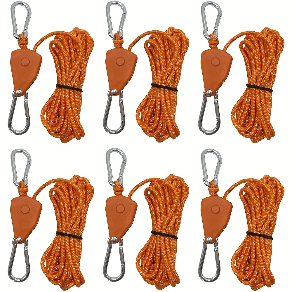 6 - Piece Camping Tent Tie - Down Rope Set: Comes with Ratchet Tightening and Pulley Systems.
6 - Piece Camping Tent Tie - Down Rope Set: Comes with Ratchet Tightening and Pulley Systems.