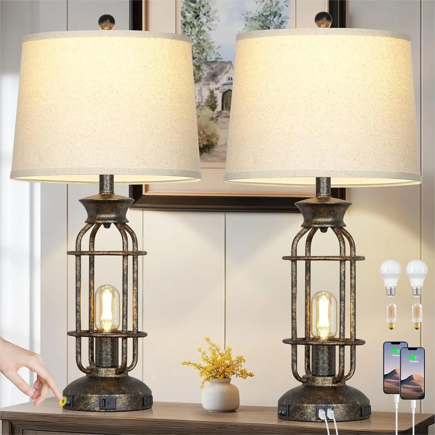 28" Vintage Table Lamps for Living Room, Industrial Farmhouse with USB C+A Ports & Outlet, 2 Night Light, Bronze
28" Vintage Table Lamps for Living Room, Industrial Farmhouse with USB C+A Ports & Outlet, 2 Night Light, Bronze