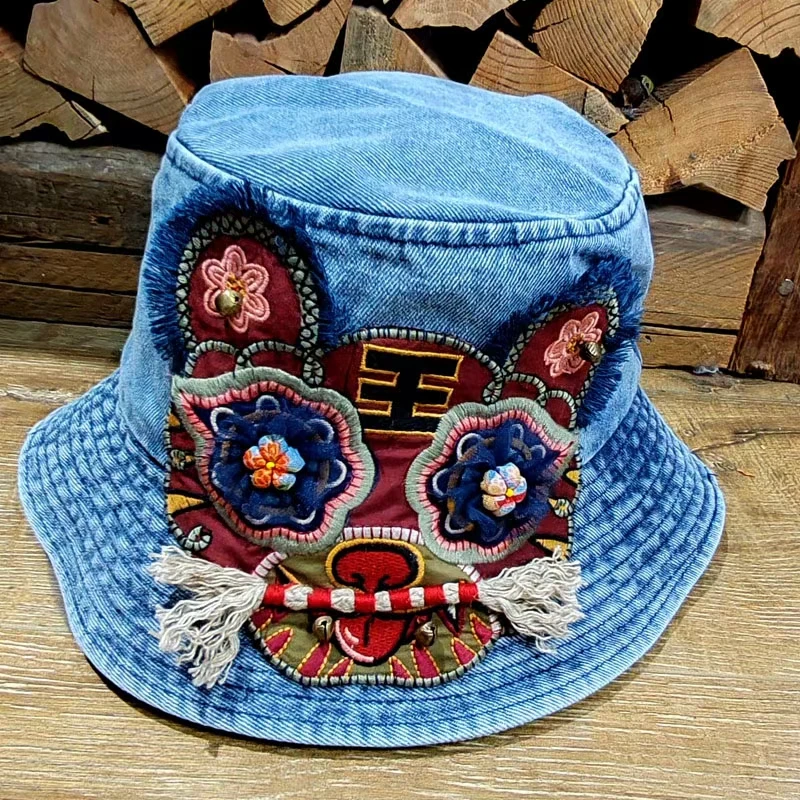 Ethnic style women's hats Tiger head embroidery Handmade Bucket hat Vintage casual Denim Sun cap summer hat for women
Ethnic style women's hats Tiger head embroidery Handmade Bucket hat Vintage casual Denim Sun cap summer hat for women