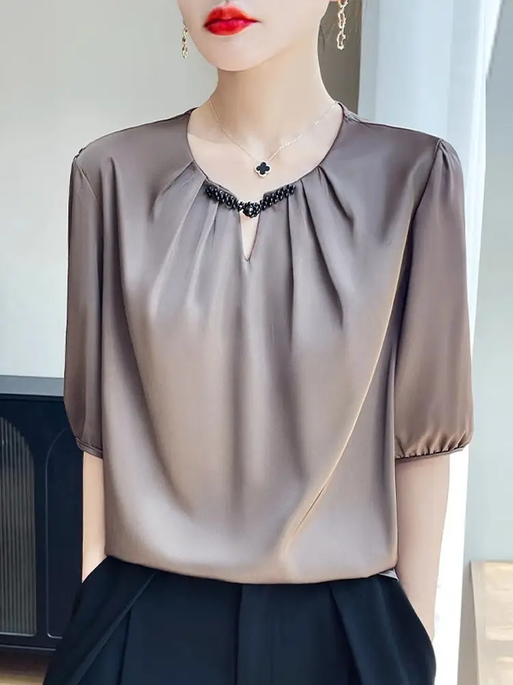 Ele round Ne ort Sve Silk irt Женский летний модный высококачественный цветной топ с пуговицами и деталями для поездок на работу
Ele round Ne ort Sve Silk irt Женский летний модный высококачественный цветной топ с пуговицами и деталями для поездок на работу