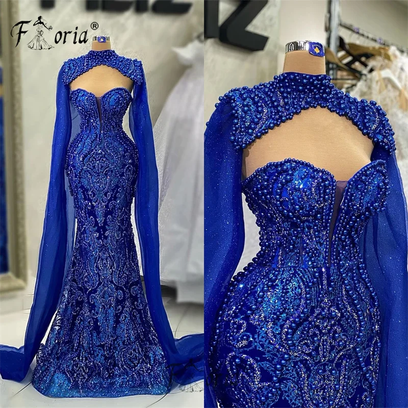 Elegant Full Pearls Dubai Mermaid Evening Dresses with Long Cape Sleeve Blue Beaded Party Dress vestidos de ocasión formales
Elegant Full Pearls Dubai Mermaid Evening Dresses with Long Cape Sleeve Blue Beaded Party Dress vestidos de ocasión formales