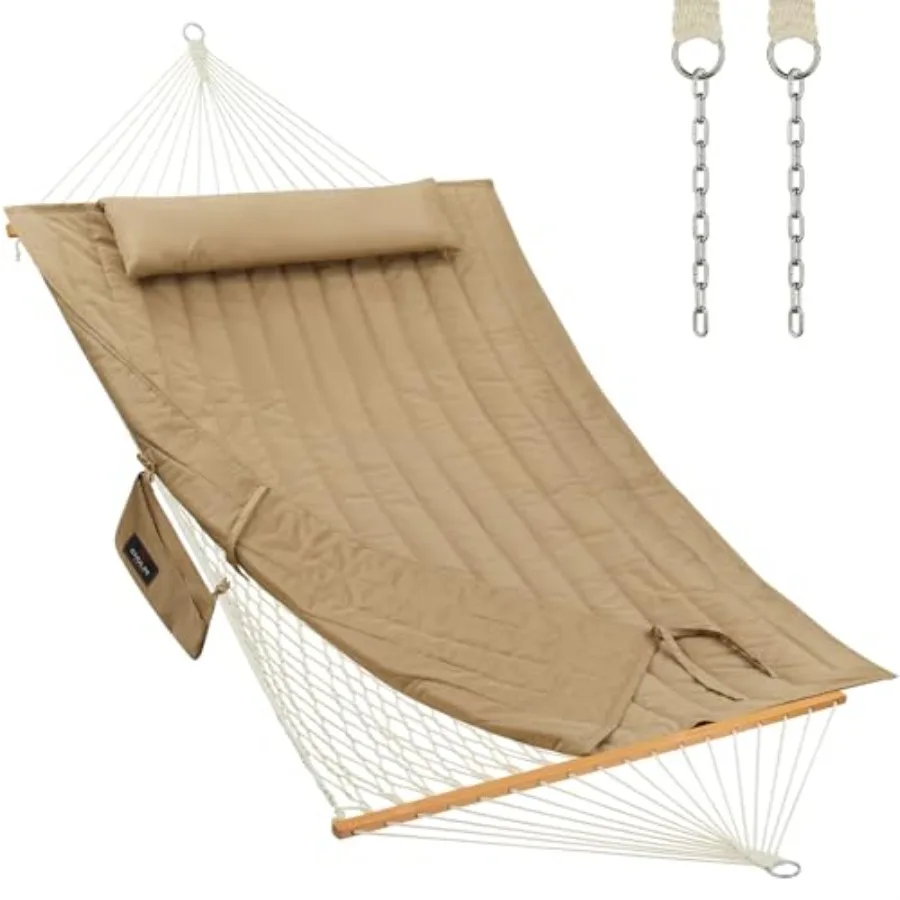 Outdoor Double Hammock with Hardwood Spreader Bars, Large Rope Hammock with Polyester Pad and Pillow, 475 LBS Capacity for 2 Pe
Outdoor Double Hammock with Hardwood Spreader Bars, Large Rope Hammock with Polyester Pad and Pillow, 475 LBS Capacity for 2 Pe