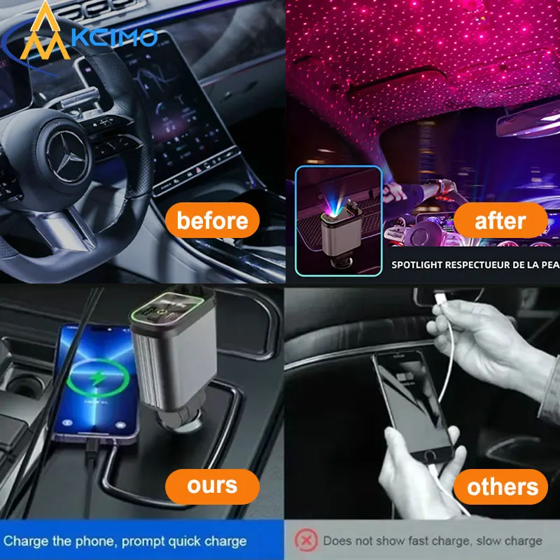 120W 4-in-1 Retractable Car USB Charger PD Fast Charge for iPhone/Samsung/Xiaomi – Starlight Roof Design
120W 4-in-1 Retractable Car USB Charger PD Fast Charge for iPhone/Samsung/Xiaomi – Starlight Roof Design