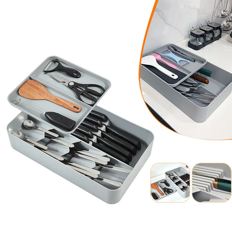 Expandable Double Layer knife holder drawer & Silverware Flatware Cutlery Organizer Tray Kitchen Drawer Organizer with Lid
Expandable Double Layer knife holder drawer & Silverware Flatware Cutlery Organizer Tray Kitchen Drawer Organizer with Lid