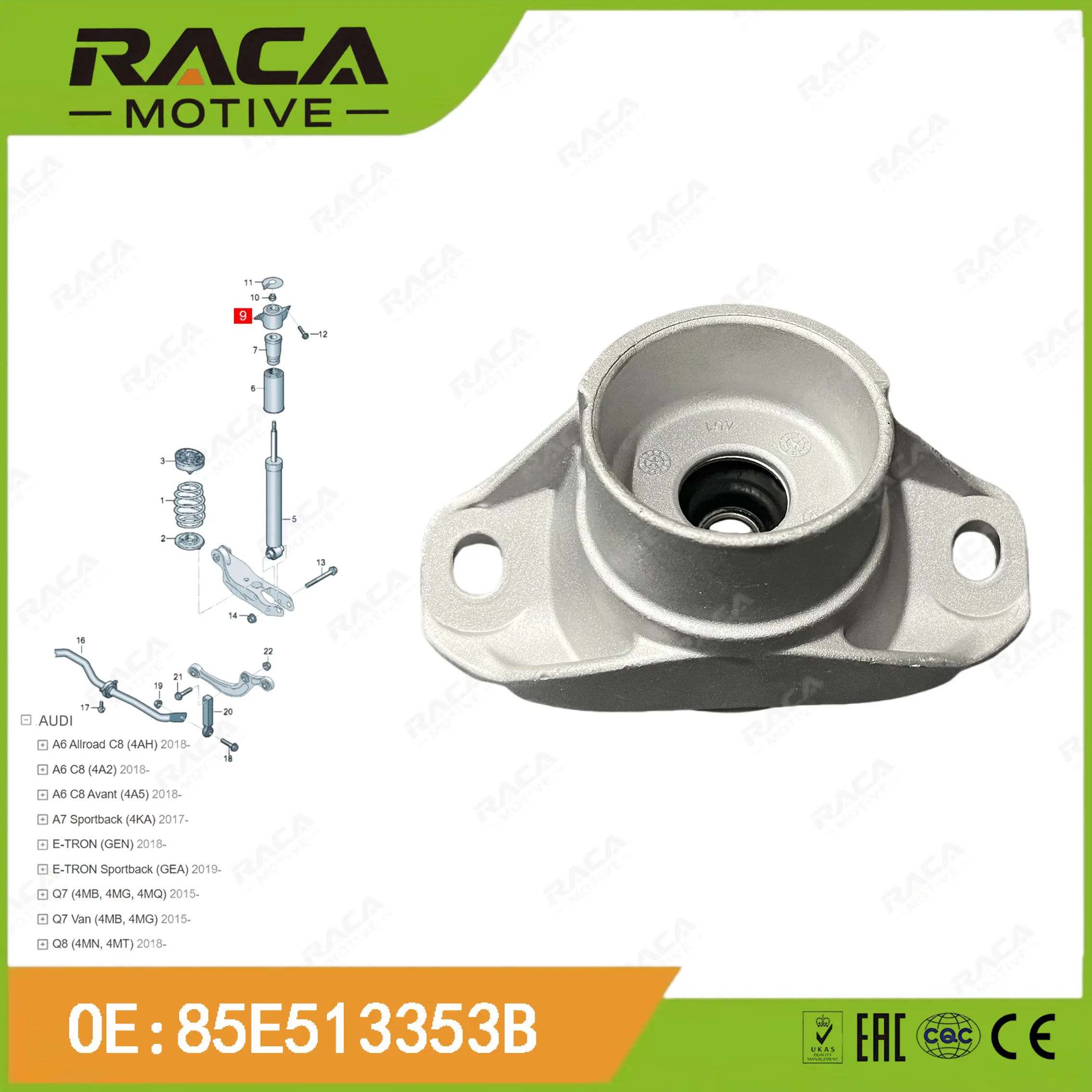 Rear Axle Shock Absorber Bracket Mcpherson Independent Suspension Support Bearing for Audi A6 C8 (4Ah/4A2/4A5) A7 (4Ka) E-Tron (Gen) Q7 (4Mb/4Mg/4Mq) Q8 (4Mn/4Mt) 85E513353B
Rear Axle Shock Absorber Bracket Mcpherson Independent Suspension Support Bearing for Audi A6 C8 (4Ah/4A2/4A5) A7 (4Ka) E-Tron (Gen) Q7 (4Mb/4Mg/4Mq) Q8 (4Mn/4Mt) 85E513353B