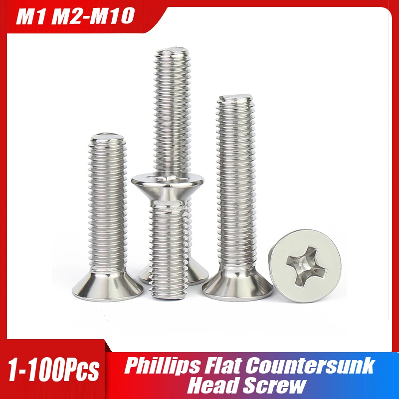 1-100pcs M1 M1.2 M1.4 M1.6 M2 M2.5 M3 M3.5 M4 M5 M6 M8 M10 304 Stainless Steel Cross Phillips Flat Countersunk Head Screw Bol 
1-100pcs M1 M1.2 M1.4 M1.6 M2 M2.5 M3 M3.5 M4 M5 M6 M8 M10 304 Stainless Steel Cross Phillips Flat Countersunk Head Screw Bol