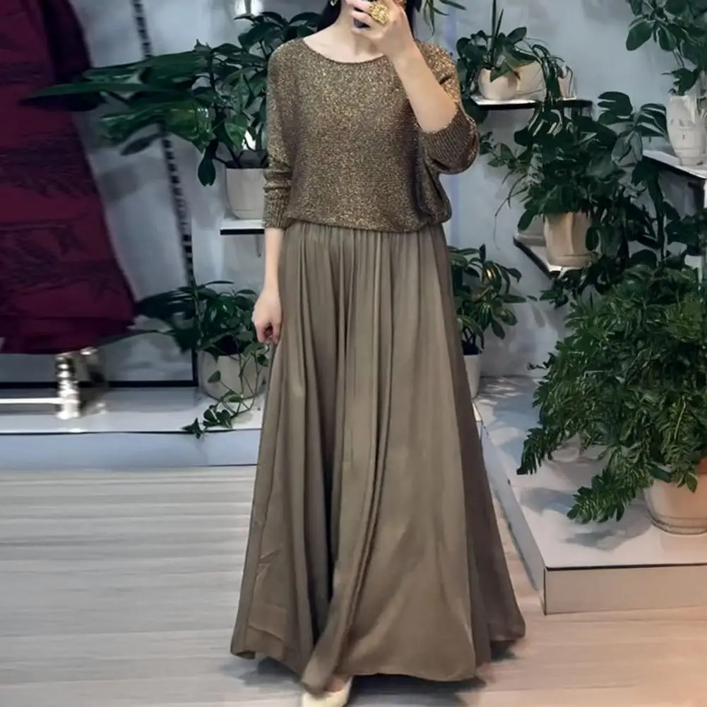 Long Skirt Suit Sparkling Round Neck Top High Waist Maxi Skirt Set for Women Pleated Spliced Skirt Suit with Full Sleeve Top
Long Skirt Suit Sparkling Round Neck Top High Waist Maxi Skirt Set for Women Pleated Spliced Skirt Suit with Full Sleeve Top