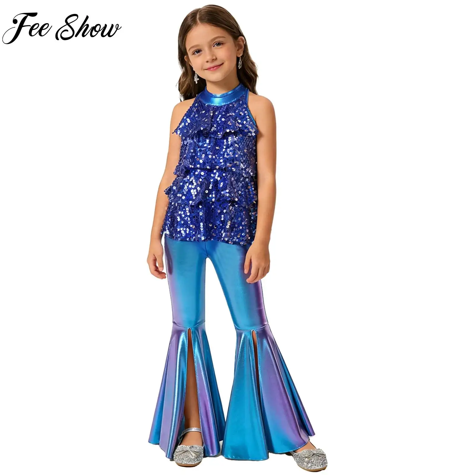 Kids Girls Jazz Dance Costume Halter Backless Sequins Leotard with Split Bell-Bottom Metallic Pants for School Stage Performance
Kids Girls Jazz Dance Costume Halter Backless Sequins Leotard with Split Bell-Bottom Metallic Pants for School Stage Performance