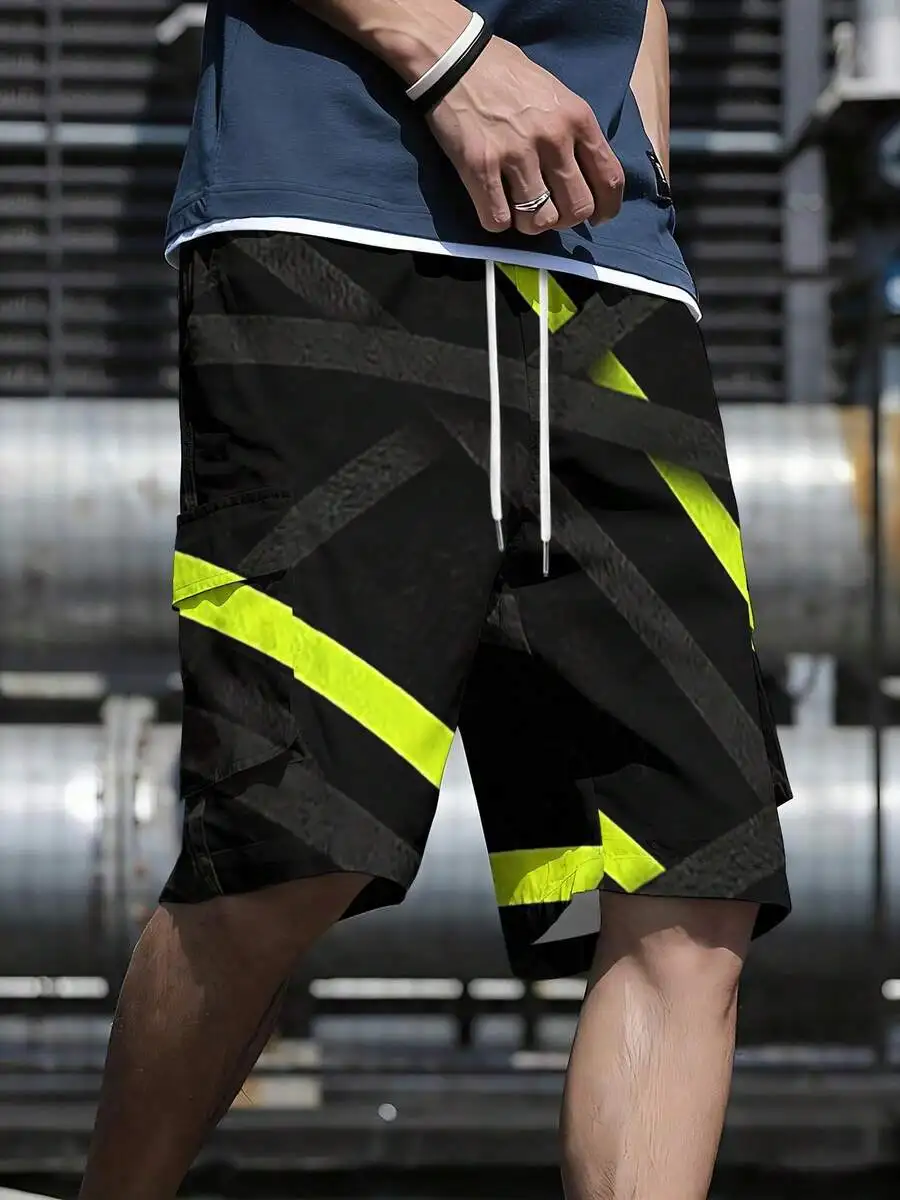 Mens Black And Yellow Diagonal Striped Workwear Shorts With Pocket And Drawstring
Mens Black And Yellow Diagonal Striped Workwear Shorts With Pocket And Drawstring