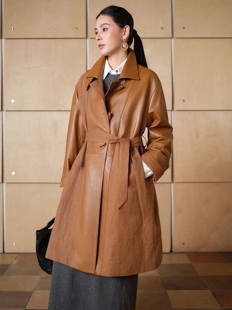 Casual Long Genuine Leather Jackets for Women High-end Simple Contrast Linen Spliced Design Real Sheepskin Trench Coat with Belt
Casual Long Genuine Leather Jackets for Women High-end Simple Contrast Linen Spliced Design Real Sheepskin Trench Coat with Belt