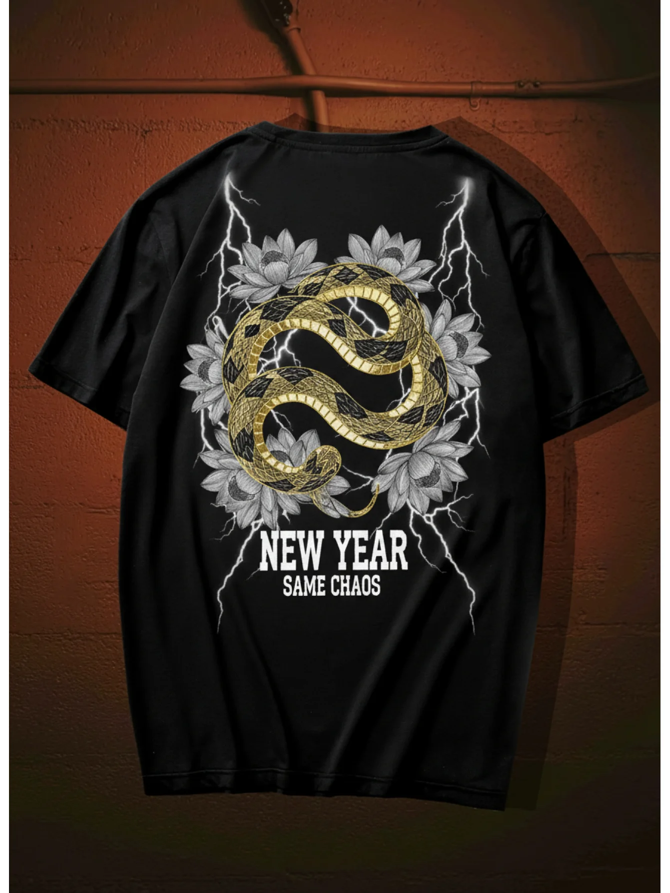 New Year Same Chaos T-Shirt - Snake Graphic & Slogan, Black Summer Crew Neck Streetwear Tee
New Year Same Chaos T-Shirt - Snake Graphic & Slogan, Black Summer Crew Neck Streetwear Tee