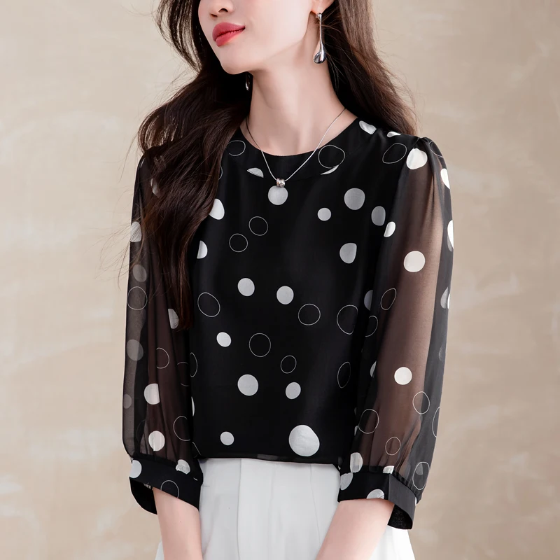 2026 Spring Summer 3/4 Sleeve Chiffon Blouse Office Lady Polka Dot Shirt Round Neck Casual Women Tops
2026 Spring Summer 3/4 Sleeve Chiffon Blouse Office Lady Polka Dot Shirt Round Neck Casual Women Tops