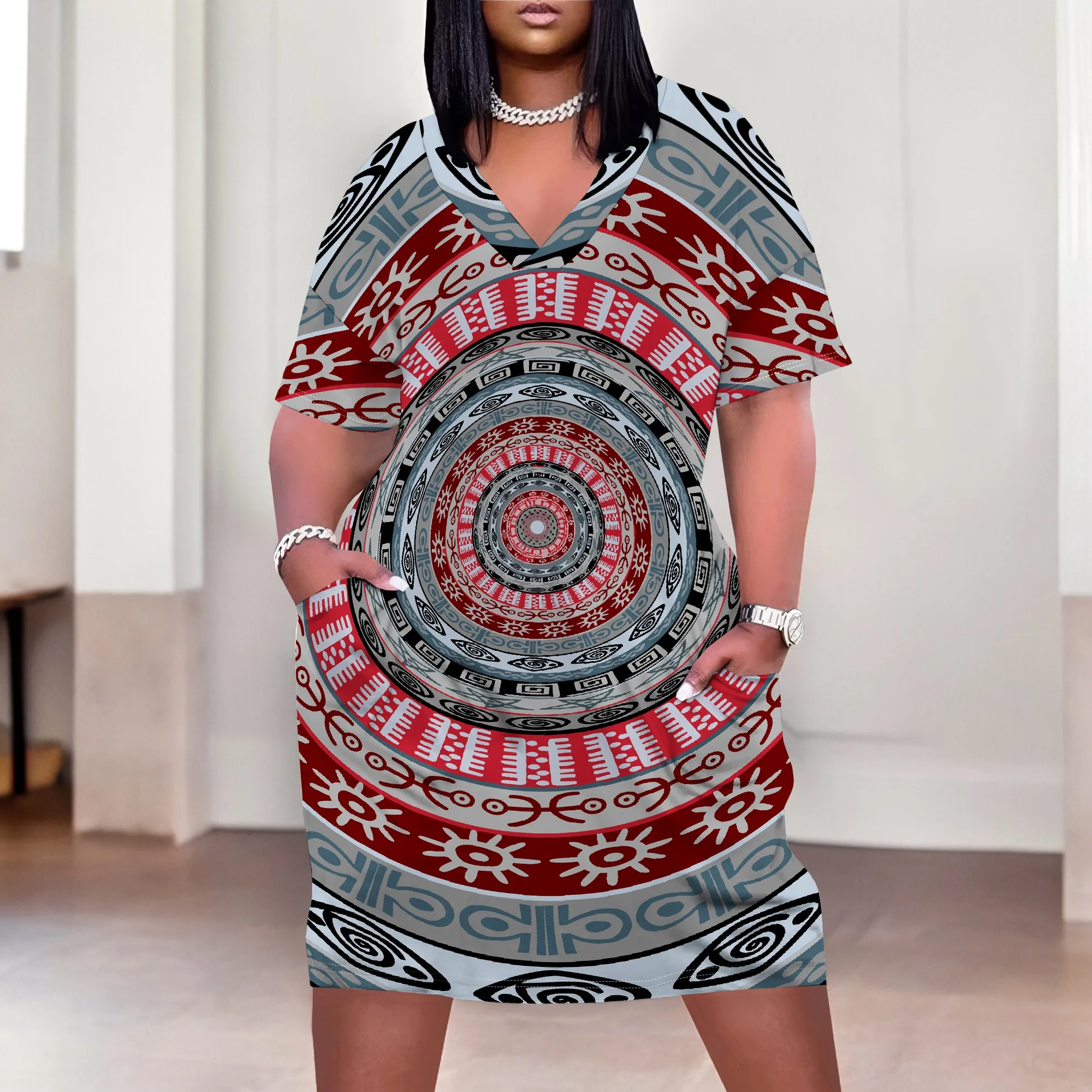 Plus Size Women Casual T-Shirt Dress V Neck Short Sleeve with Front Two Pockets Solid Color Oversize Dresses
Plus Size Women Casual T-Shirt Dress V Neck Short Sleeve with Front Two Pockets Solid Color Oversize Dresses