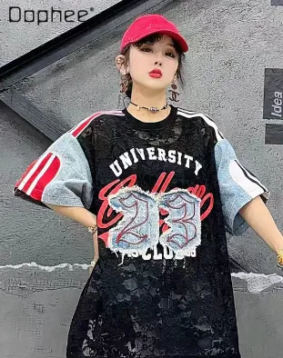 European Lace Short-sleeved Women's 2026 Summer New Denim Splicing Contrasting Color Number 23 Sticker Loose T-shirt Top
European Lace Short-sleeved Women's 2026 Summer New Denim Splicing Contrasting Color Number 23 Sticker Loose T-shirt Top
