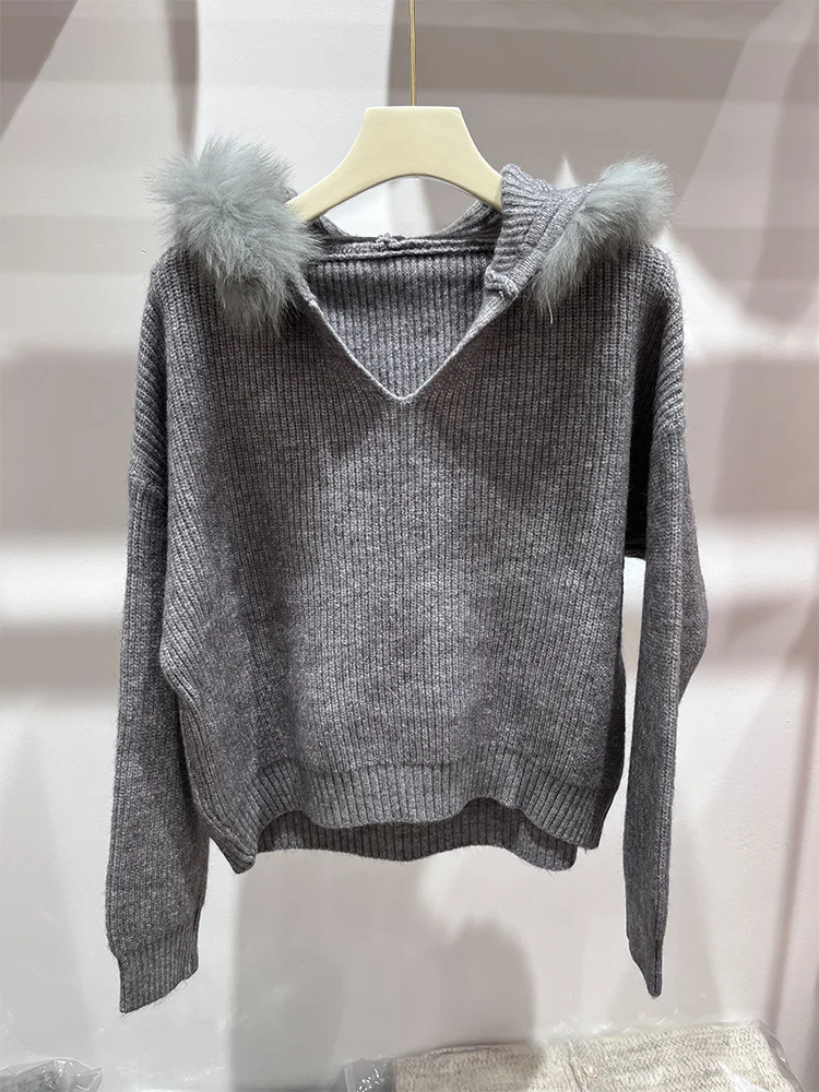 2025 New Autumn Women Loose Knitted Pullover Sweater Real Natural Fox Fur Hooded Long Sleeves Knitting Sweaters
2025 New Autumn Women Loose Knitted Pullover Sweater Real Natural Fox Fur Hooded Long Sleeves Knitting Sweaters