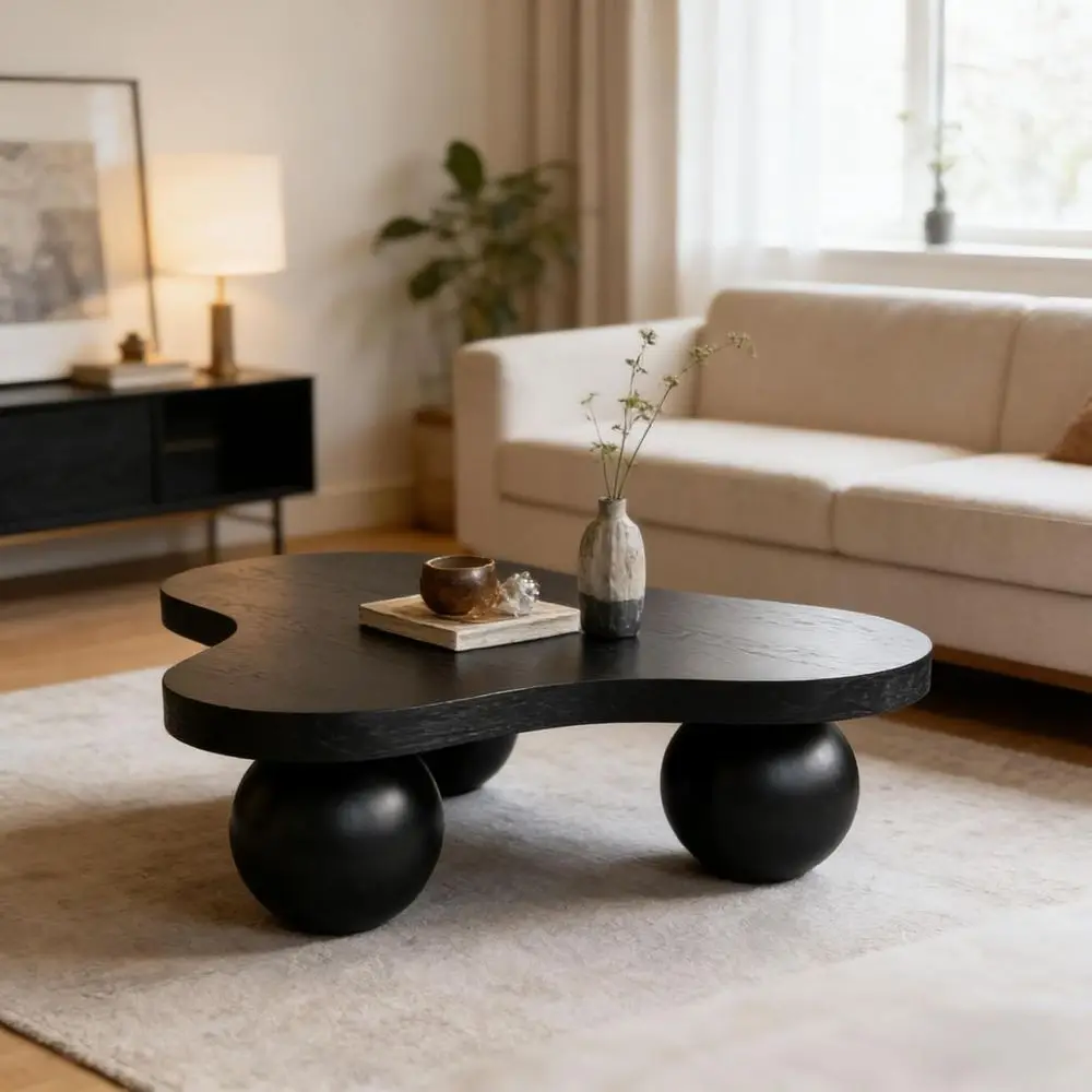 46 Contemporary Coffee Table with 3 Spherical Legs, Ideal for Center or Living Room, Compact and Stylish, Black
46 Contemporary Coffee Table with 3 Spherical Legs, Ideal for Center or Living Room, Compact and Stylish, Black