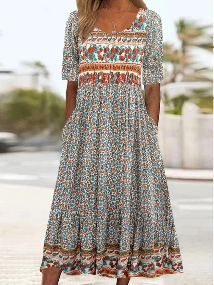 Dresses 2024 Women's New Floral Printing O-Neck Short Sleeve Pockets Slim Casual Elegant Vintage Ladies Vestidos Spring Summer
Dresses 2024 Women's New Floral Printing O-Neck Short Sleeve Pockets Slim Casual Elegant Vintage Ladies Vestidos Spring Summer