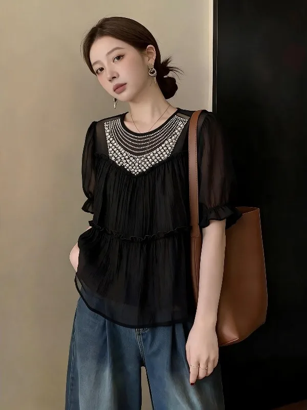 Elegant Black Short Sleeve Chiffon Shirt Women's Fashionable Summer New plus Size MM Trendy Age-Defying Top Commute Style
Elegant Black Short Sleeve Chiffon Shirt Women's Fashionable Summer New plus Size MM Trendy Age-Defying Top Commute Style