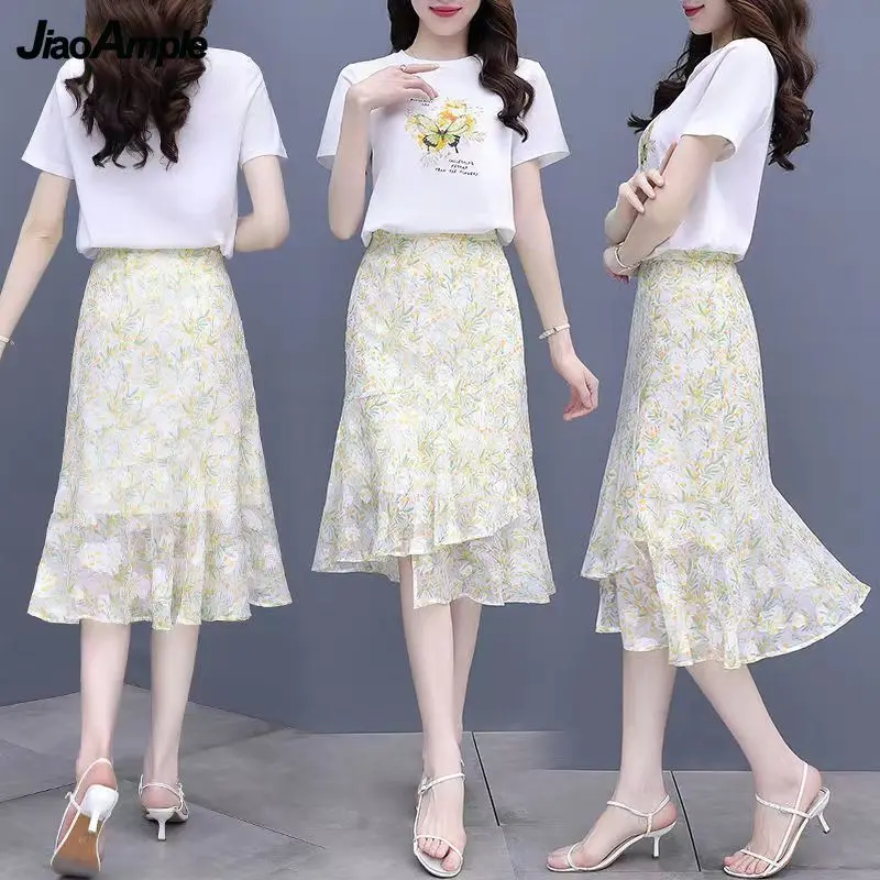 2024 Summer New T-Shirt Chiffon Floral Dress Two Piece Women Fashion Top Irregular Midi Skirt Suit Korean Elegant Casual Set
2024 Summer New T-Shirt Chiffon Floral Dress Two Piece Women Fashion Top Irregular Midi Skirt Suit Korean Elegant Casual Set