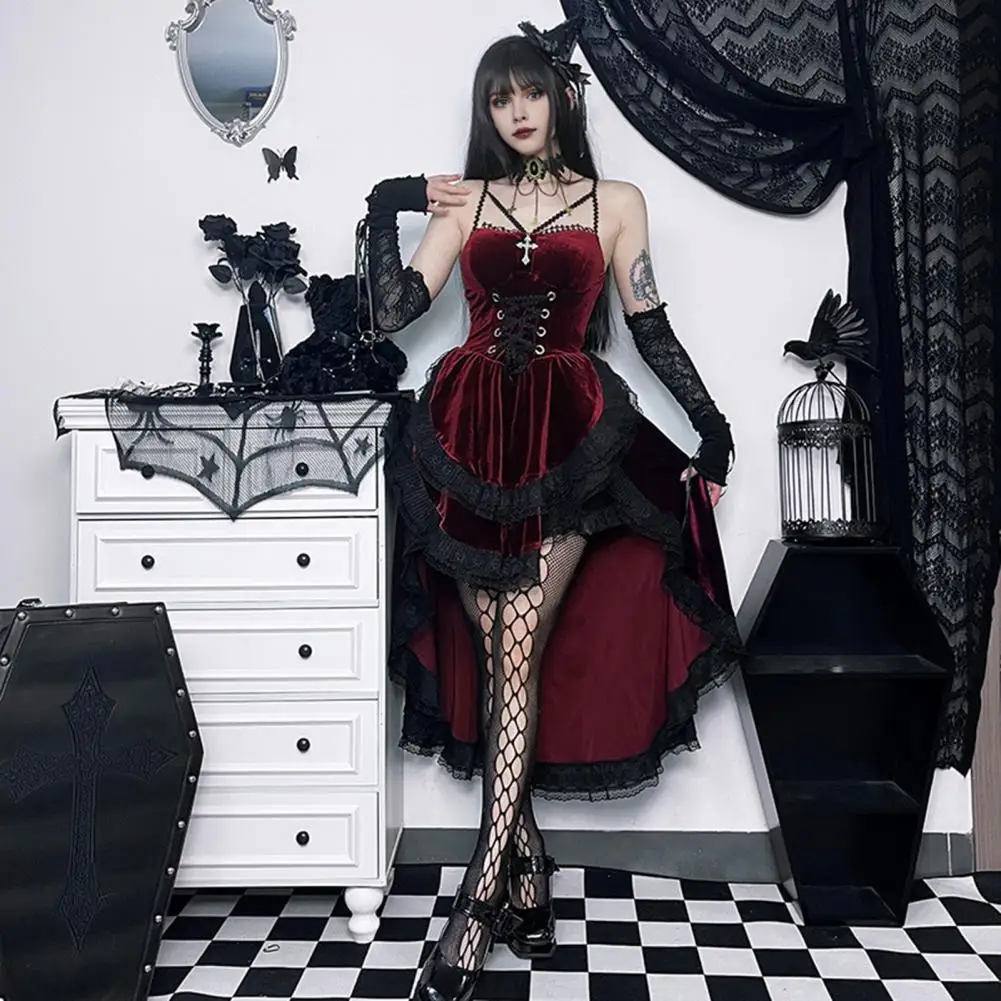 Women Retro Dress Suspender Neck Dress Dark Style Lace Patchwork Halloween Party Costume for Women with Irregular Hem Adjustable
Women Retro Dress Suspender Neck Dress Dark Style Lace Patchwork Halloween Party Costume for Women with Irregular Hem Adjustable