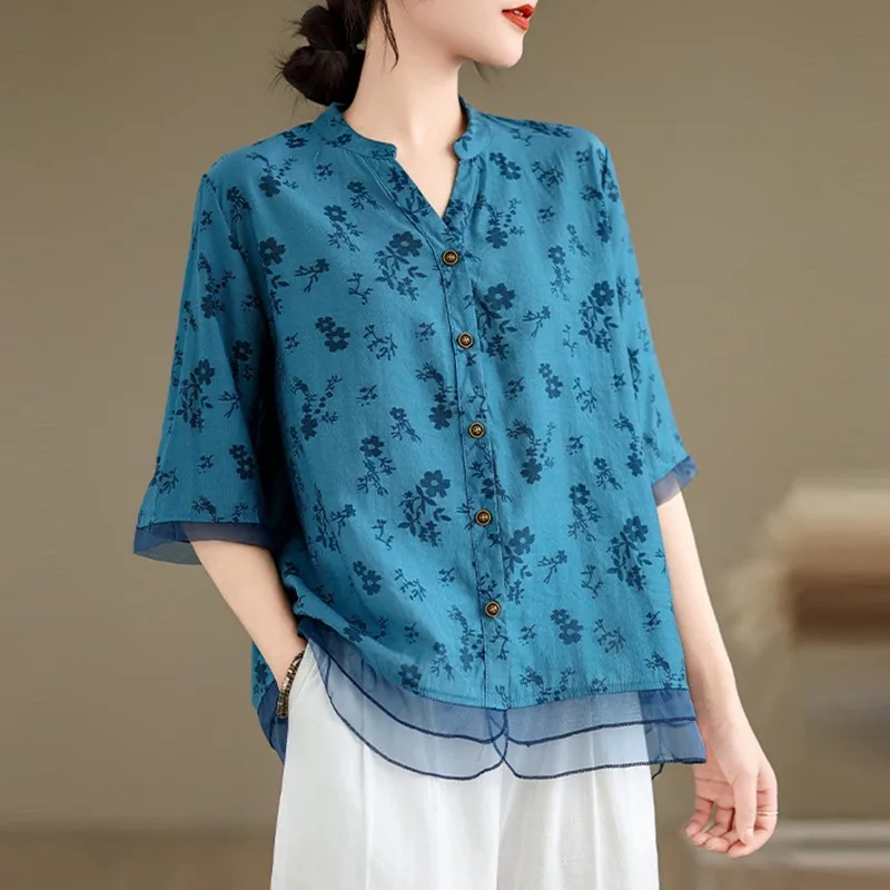 Women Summer Casual Shirt New 2024 Vintage Style V-neck Floral Print Loose Comfortable Female Half Sleeve Tops Shirts B3799
Women Summer Casual Shirt New 2024 Vintage Style V-neck Floral Print Loose Comfortable Female Half Sleeve Tops Shirts B3799