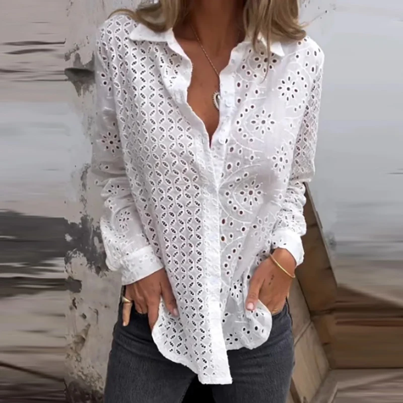 Autumn Retro Single Breasted Shirt Top Fashion Women Hollow Out Lapel Collar Loose Blouse Commuter Long Sleeved Office Blouse
Autumn Retro Single Breasted Shirt Top Fashion Women Hollow Out Lapel Collar Loose Blouse Commuter Long Sleeved Office Blouse