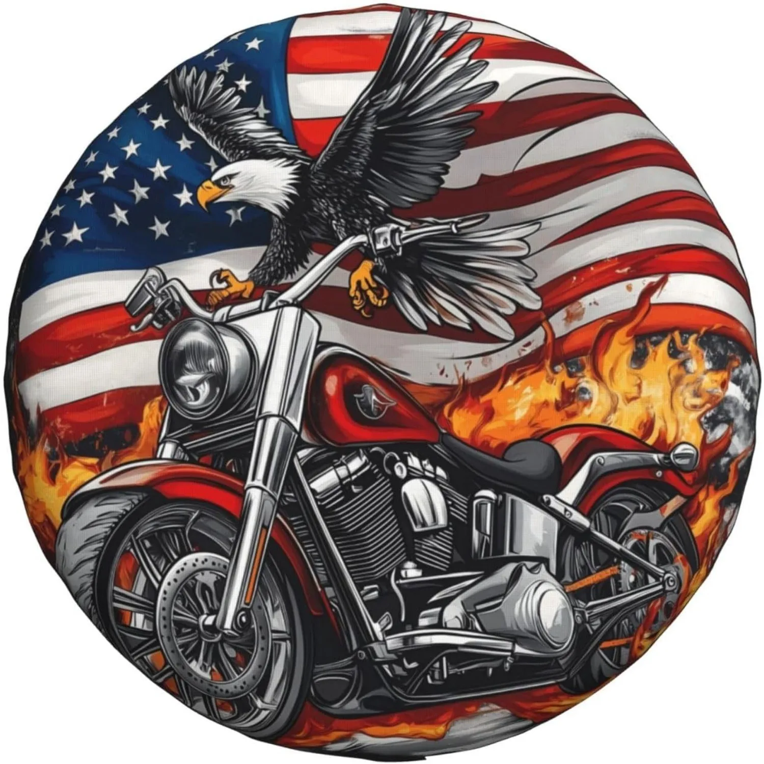 Patriotic Eagle Motorcycle with Flames Spare Tire Cover for RV Travel Trailer
Patriotic Eagle Motorcycle with Flames Spare Tire Cover for RV Travel Trailer