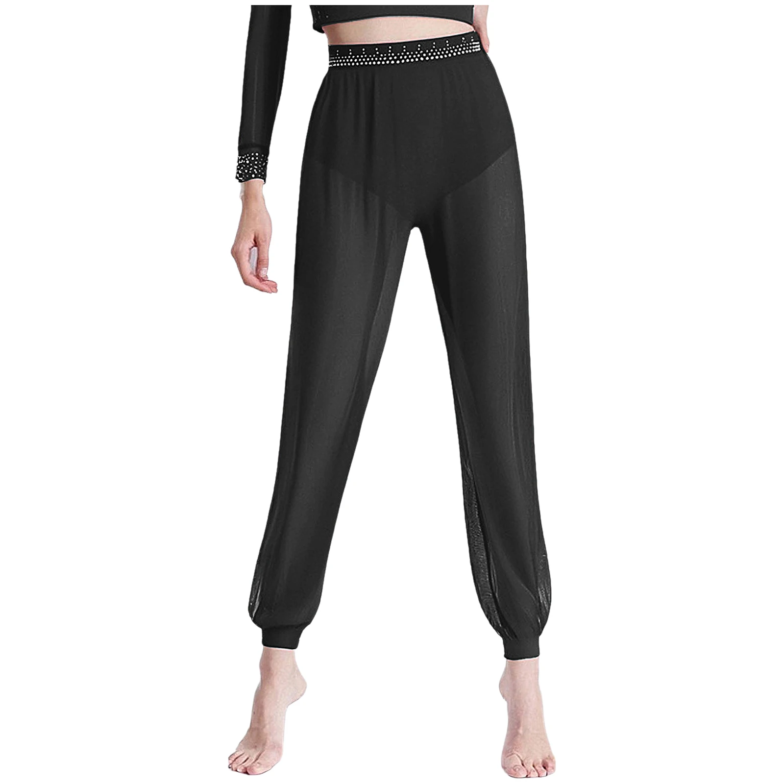 Womens Dance Pants Shiny Rhinestone Waistline Sheer Mesh Bloomers Long Pants Built-in Briefs for Belly Latin Lyrical Dancewear
Womens Dance Pants Shiny Rhinestone Waistline Sheer Mesh Bloomers Long Pants Built-in Briefs for Belly Latin Lyrical Dancewear