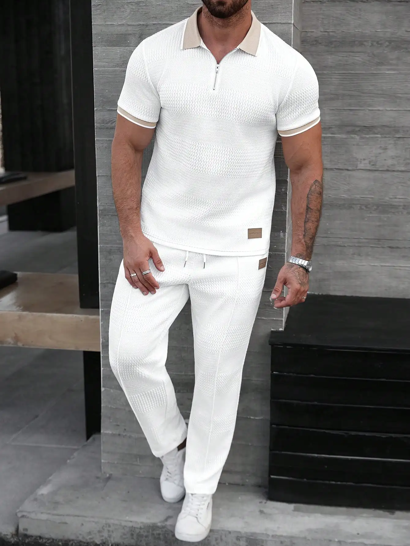 Men's White Knitted Half-Zip Polo Set with Contrast Collar and Cuffs
Men's White Knitted Half-Zip Polo Set with Contrast Collar and Cuffs