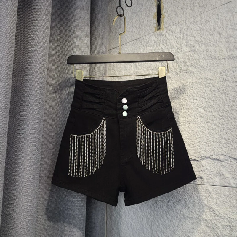 Black Denim Shorts For Women Vintage High Waist Heavy Rhinestone Fringe Hot Pants Sexy Summer Slim Fit Casual Shorts
Black Denim Shorts For Women Vintage High Waist Heavy Rhinestone Fringe Hot Pants Sexy Summer Slim Fit Casual Shorts