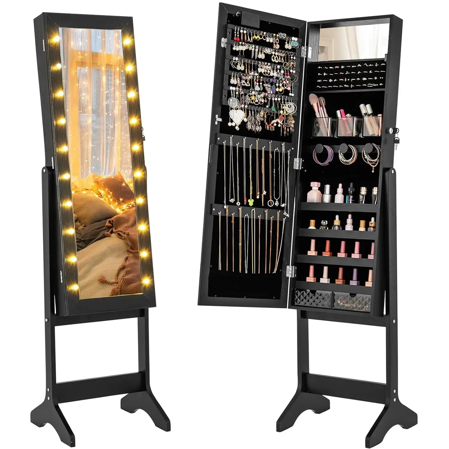 Lockable Jewelry Cabinet Mirror Warm Lights 4 Tilt Angles Standing Organizer Bedroom Black Customized
Lockable Jewelry Cabinet Mirror Warm Lights 4 Tilt Angles Standing Organizer Bedroom Black Customized