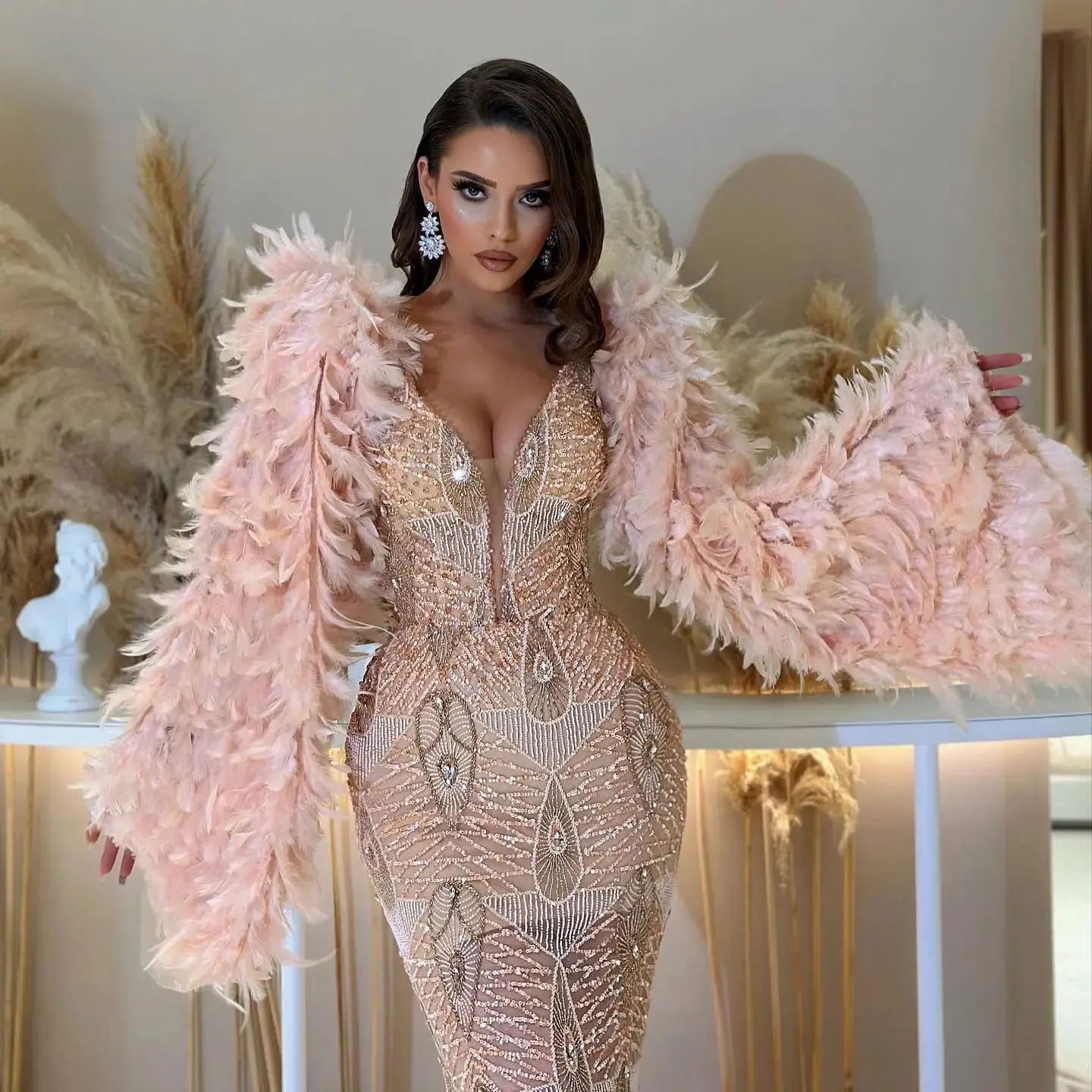 Linyang V Neckline Prom Dress Floor Length With Long Feather Sleeves Beaded Evening Summer Elegant Party Dress For Women2023
Linyang V Neckline Prom Dress Floor Length With Long Feather Sleeves Beaded Evening Summer Elegant Party Dress For Women2023