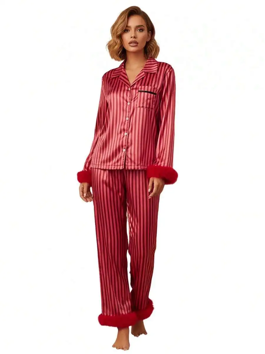 Womens Striped Satin Pajama Set Long Sleeve Button Down Shirt Pants Faux Fur Trim Loungewear Sleepwear
Womens Striped Satin Pajama Set Long Sleeve Button Down Shirt Pants Faux Fur Trim Loungewear Sleepwear