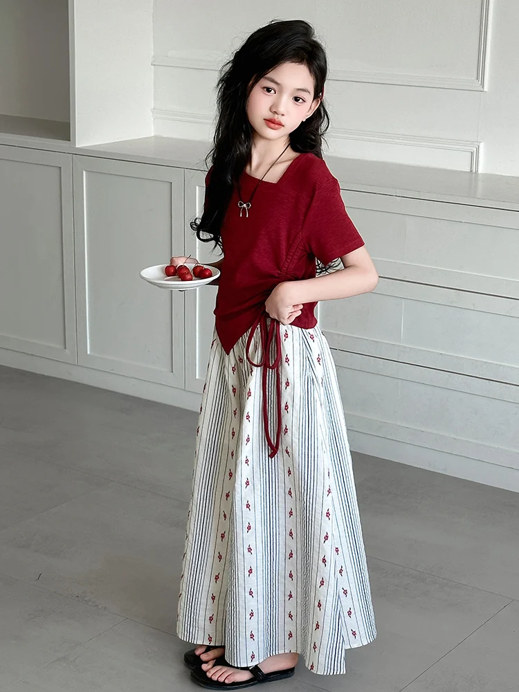 Girls Summer T-irt Wide Leg Pants Set Thin ort Sve Two Piece Suit Korean Sle Cotton Fabric School orm Alternative
Girls Summer T-irt Wide Leg Pants Set Thin ort Sve Two Piece Suit Korean Sle Cotton Fabric School orm Alternative