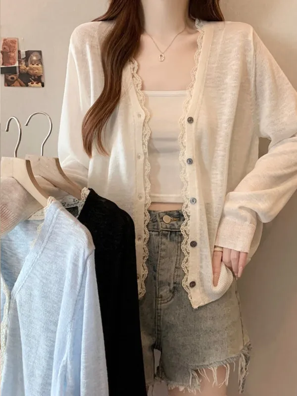 Lightweight Lace Trim Ice Silk Knitted Cardigan Women's Summer plus Size Outerwear Shawl Sun Protection Cover up Top
Lightweight Lace Trim Ice Silk Knitted Cardigan Women's Summer plus Size Outerwear Shawl Sun Protection Cover up Top