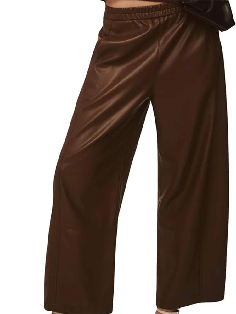Women Pants Retro Solid Color High Waist Straight Wide Leg Side Pockets Long Pants Slim Fit PU Faux Leather Lady Trousers
Women Pants Retro Solid Color High Waist Straight Wide Leg Side Pockets Long Pants Slim Fit PU Faux Leather Lady Trousers