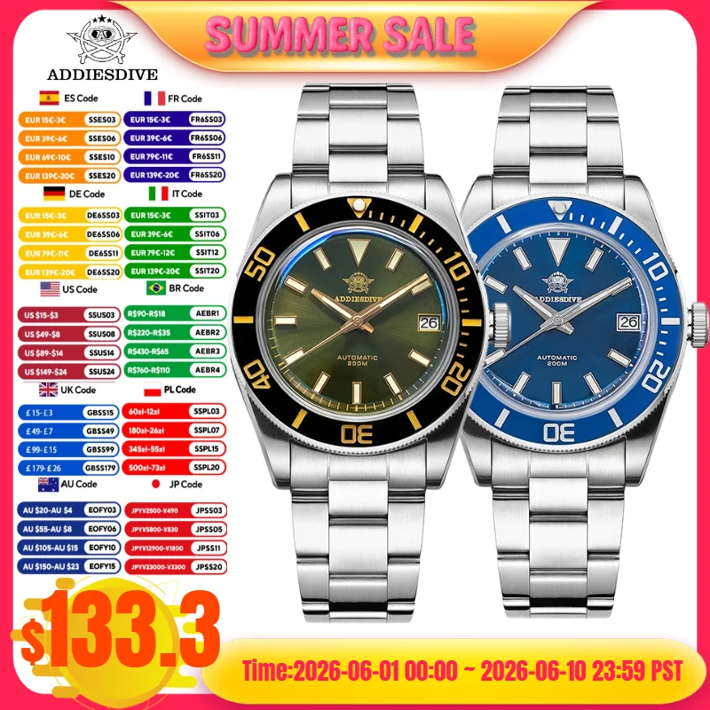 ADDIESDIVE Diver Watch Luxury Business Sapphire AR Coated 200m Waterproof Luminous NH35 Automatic Mechanical Watch AD2084 New
ADDIESDIVE Diver Watch Luxury Business Sapphire AR Coated 200m Waterproof Luminous NH35 Automatic Mechanical Watch AD2084 New