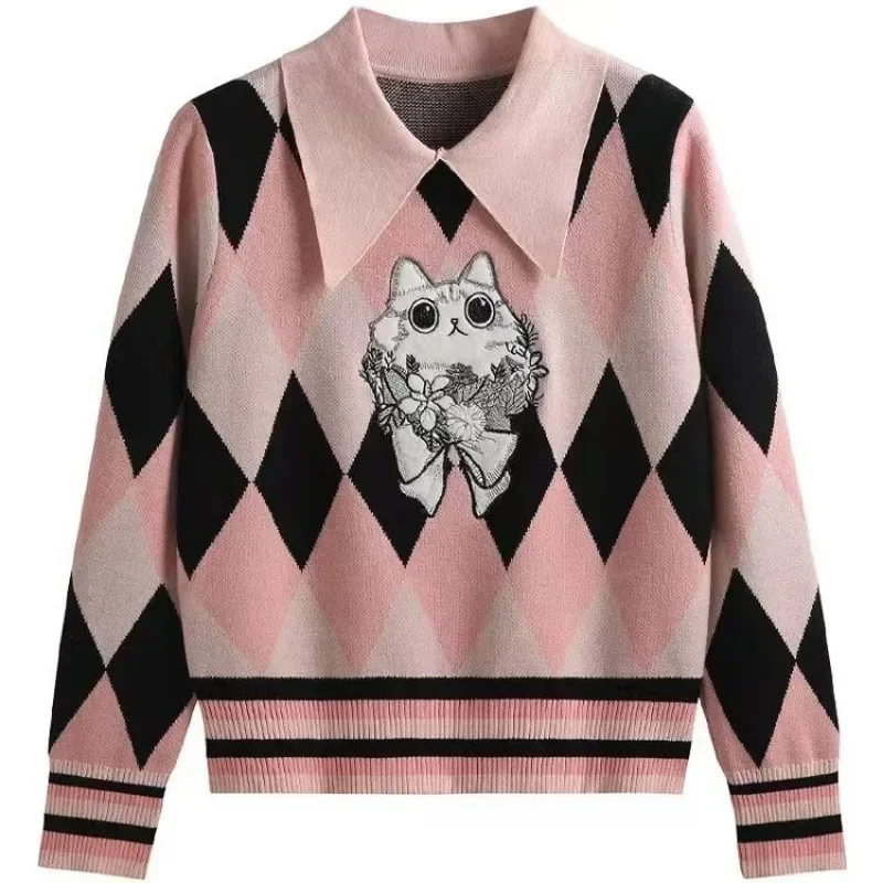 French Vintage Long-sleeved Cartoon Knitwear Autumn and Winter Doll Collar Fashion Color Contrast Embroidery Heavy Blouse Woman
French Vintage Long-sleeved Cartoon Knitwear Autumn and Winter Doll Collar Fashion Color Contrast Embroidery Heavy Blouse Woman