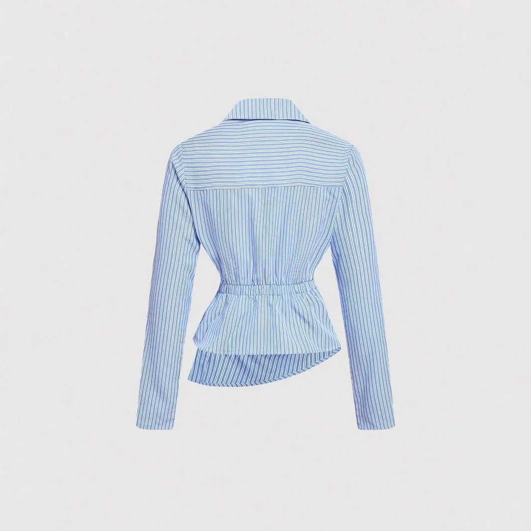 Men's Long Sleeve Striped Blouse Blue White Checkered Wrap Front Asymmetrical Hem Knot Detail Slim Fit Shirt with Pleated Waist
Men's Long Sleeve Striped Blouse Blue White Checkered Wrap Front Asymmetrical Hem Knot Detail Slim Fit Shirt with Pleated Waist