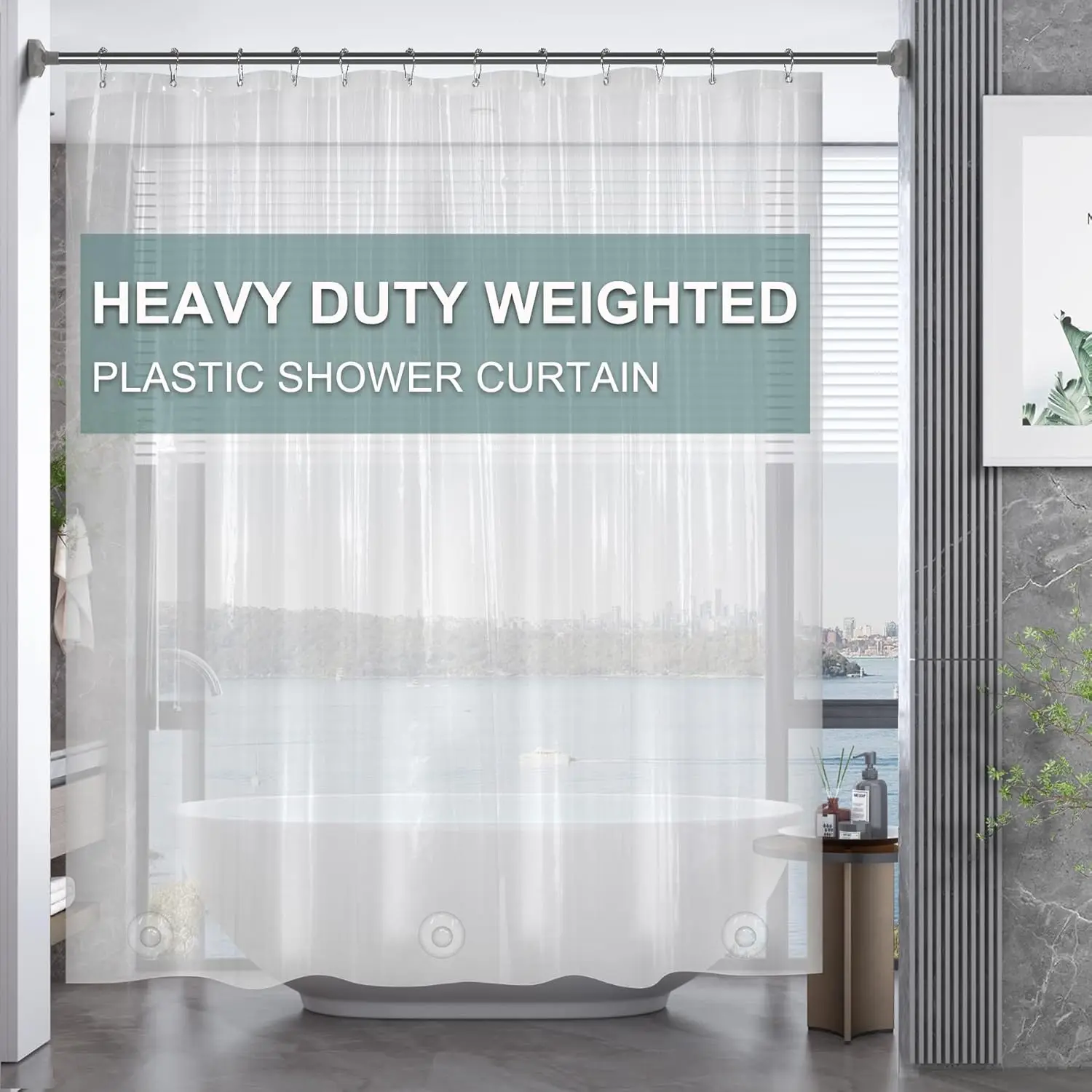 Clear PEVA Shower Curtain, Heavy Duty 8G, Weighted with 3 Stones, 72x72 Inches
Clear PEVA Shower Curtain, Heavy Duty 8G, Weighted with 3 Stones, 72x72 Inches