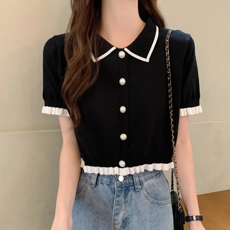 Women Shirt Knitted Short Sleeve Cute Frilled Pearl Button Collared Blouse Shirt Female Summer Crop Tops French Chic Outfit
Women Shirt Knitted Short Sleeve Cute Frilled Pearl Button Collared Blouse Shirt Female Summer Crop Tops French Chic Outfit